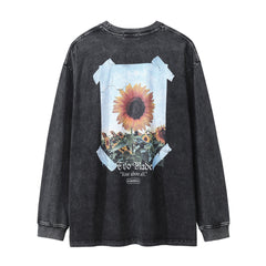 Men Long Sleeve T Shirt Sunflower Flower Print Niche Distressed