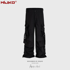 GGGard MIJKO style men's clothing women's high street crease pleated design trousers men's and women's same streamer can tie feet multi-bag casual trousers