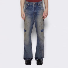 Men Vintage Pants old dirty wash trousers men and women slightly wide-footed jeans tide MIJKO