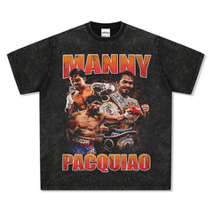 Men Vintage Boxer T-Shirts Manny Pacquiao Pac Men Printed Short Sleeve T-Shirt Washed Top