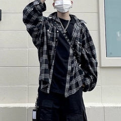 Mens Jacket Fake Two Piece Splicing Black and White Grid Jacket MIJKO