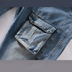 Men Vintage Pants Pocket Tooling Trousers Washed White Straight Street Jeans MIJKO