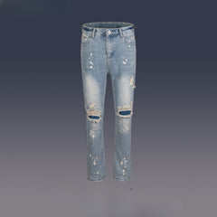 Men Vintage Pants Straight Ripped Pants Washed Jeans MIJKO