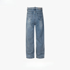 Men Vintage Pants Loose Wide-footed Blue Trousers Straight Jeans with Belt MIJKO