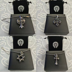 CH trendy brand Kro~ retro with diamond Thai silver cross explosive necklace men's and women's pendant classic sweater chain
