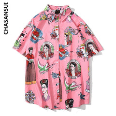 Hawaiian flower shirt trendy retro Hong Kong style beach vacation couple short-sleeved comic shirt men's trendy brand