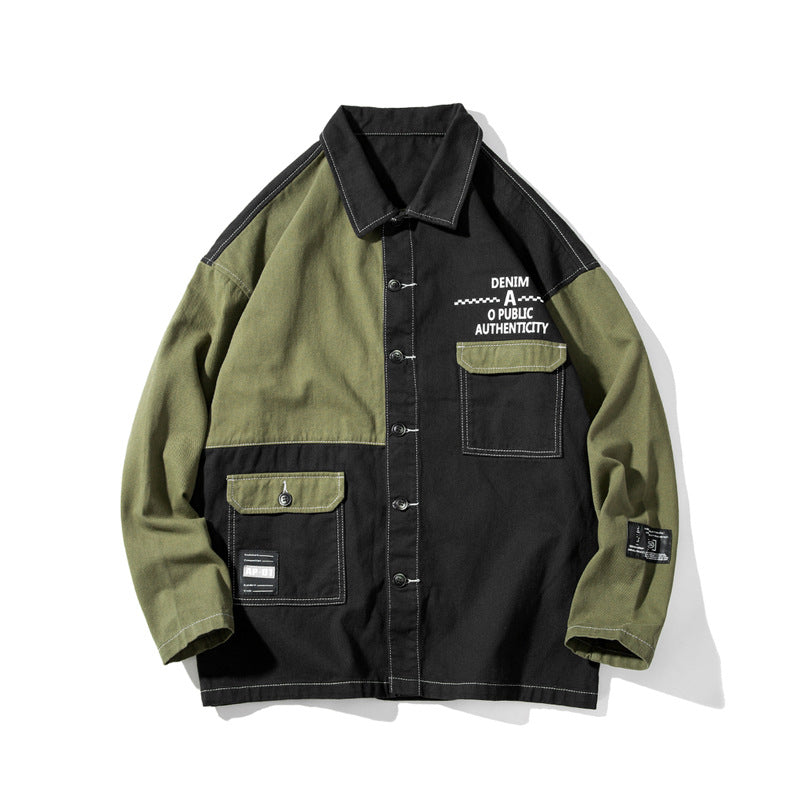 Denim Jacket Men's Hooded Stitching Printed Loose Top Men's Casual Jacket Men's Denim Jacket