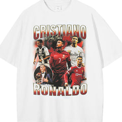 Mens Vintage Football T-Shirt Ronaldo Printed Short Sleeve T-Shirt Loose Washed Old Top