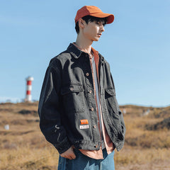 Men's Spring Color Block Denim Coat Men's Printed Jacket Top Large Size Loose Men Denim Jacket