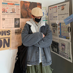 Cotton-Padded Coat Men's Loose Lapels Wool Cotton-Padded Coat Casual Fleece and Thick Denim Jacket Large Size Loose Men Denim Jacket