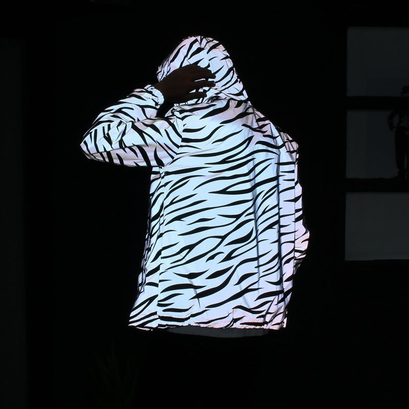 Reflective zebra striped tide brand men's and women's casual double-layer trench coat student couple jacket youth jacket class uniform tide