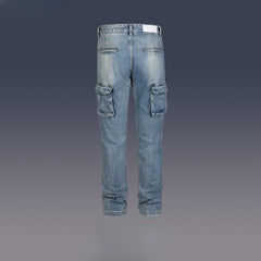 Men Vintage Pants Pocket Tooling Trousers Washed White Straight Street Jeans MIJKO