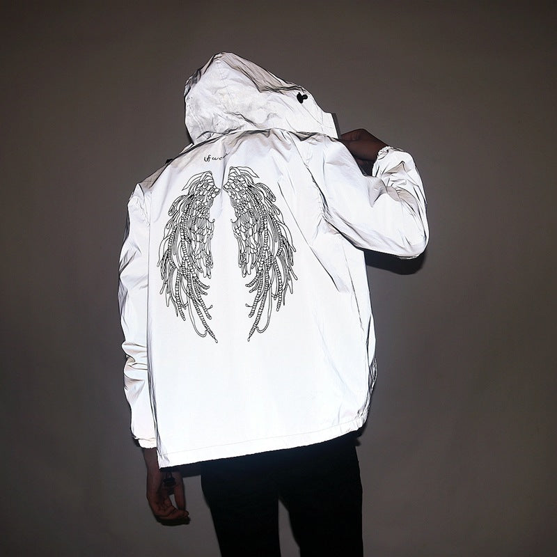 Luminous luminous charge trench coat men's and women's trendy brand reflective clothes student couple silver coat wholesale