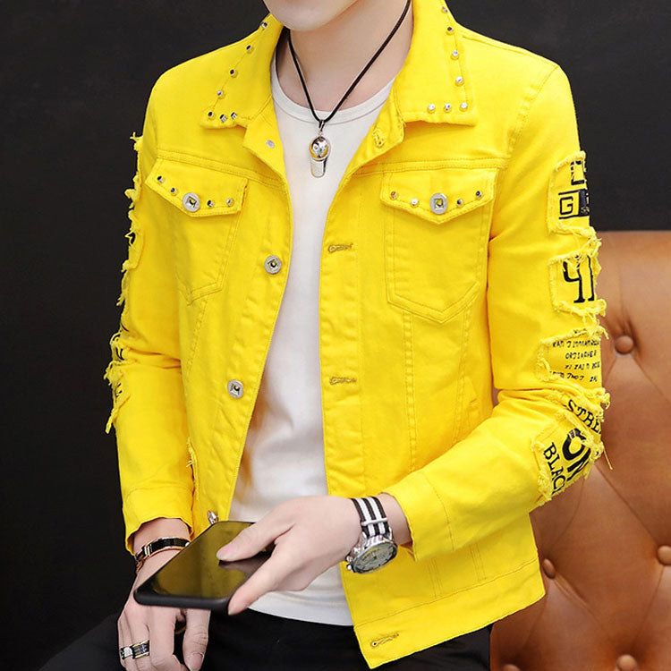 Printemps Homme Jaune Clouté Veste En Jean Rivet Patchwork Manteau Top Veste En Jean Raton Laveur Décontracté Grande Taille Ample