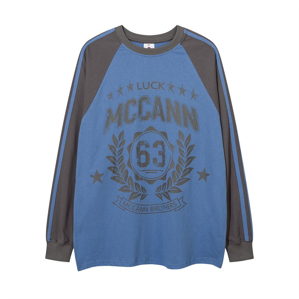 Men Long Sleeve T Shirt Retro Patchwork Trendy Loose Letter Printing