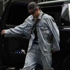 Mens Jacket Washed Distress Denim Jacket MIJKO