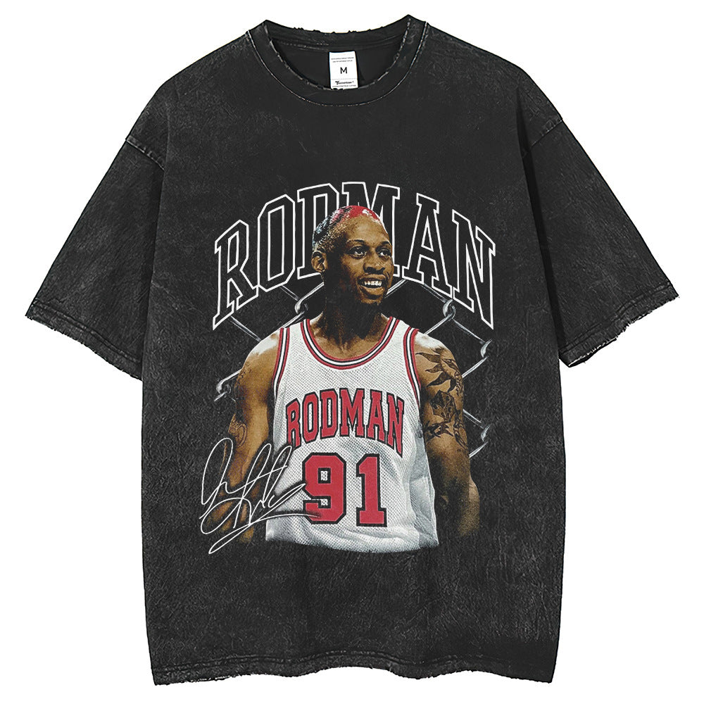 Men T Shirts Star ROD MAN Basketball Print Old Washing T-Shirt