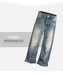 Men's clothing women's bug bite damage trousers men and women of the same style washed and worn white wide-footed blue jeans multi-size