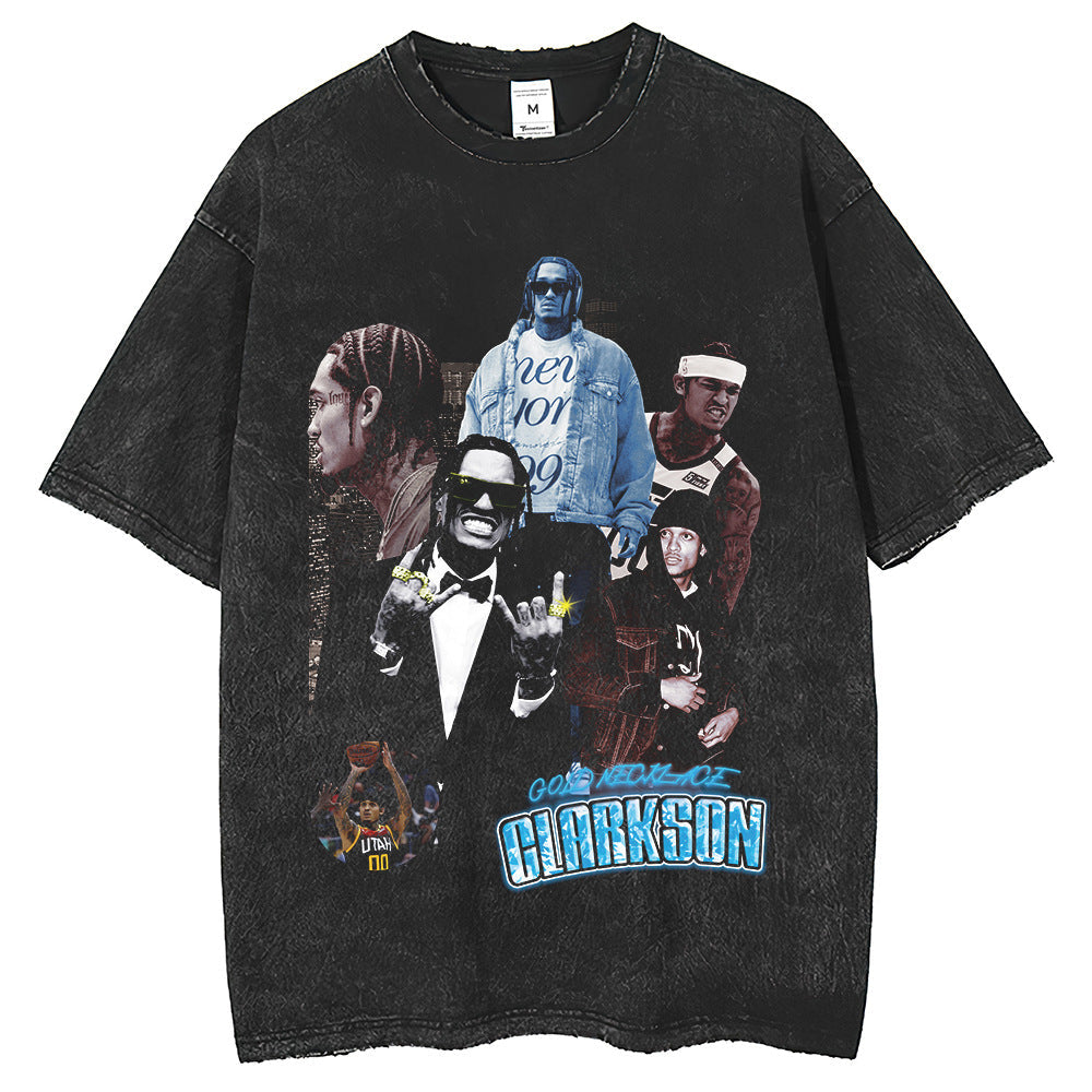 Men T Shirts Hip Hop Rapper Print Wash Old T-Shirt Short Sleeve