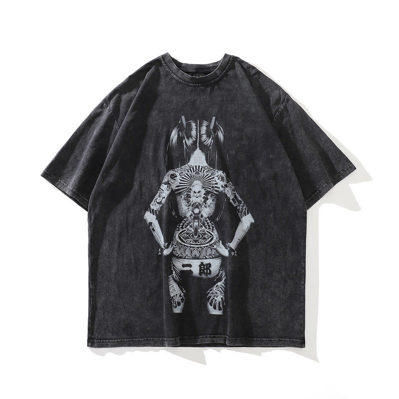 T-shirt homme/femme T Yabi Style Imprimé foncé Effet usé Délavé Manches courtes