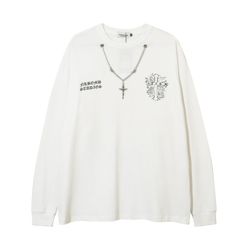 Men Long Sleeve T Shirt Cross Letter Print Necklace Decoration