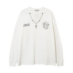 Men Long Sleeve T Shirt Cross Letter Print Necklace Decoration