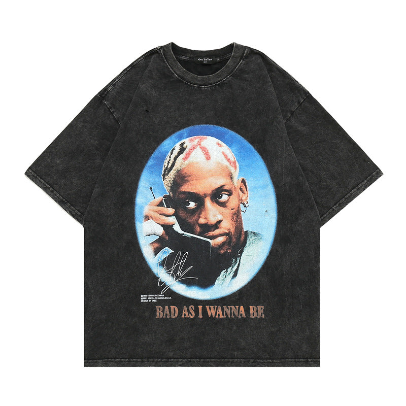 T-shirt homme style rétro délavé et usé imprimé, coupe ample, manches courtes