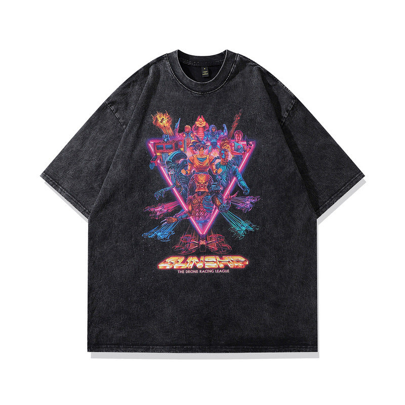 Men T Shirt Hip Hop Anime Print Distressed Short Sleeve T-shirt Men and Women Retro