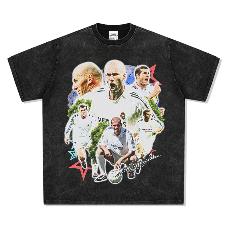 Mens Vintage Football T-Shirt Vintage Zidane Printed Short Sleeve T-Shirt Washed Crew Neck