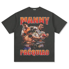 Men Vintage Boxer T-Shirts Manny Pacquiao Pac Men Printed Short Sleeve T-Shirt Washed Top