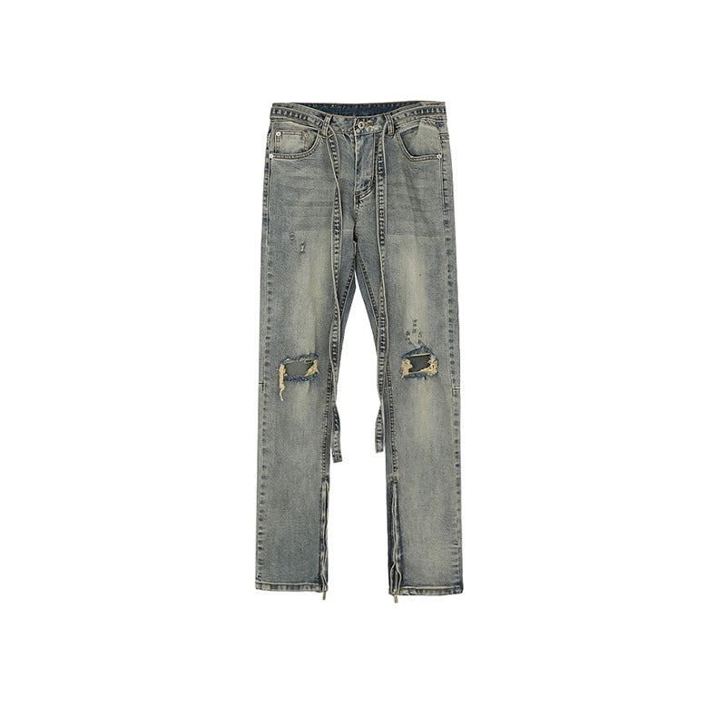 Men Vintage Pants Knee Ripped Pants Zipper Pants Jeans MIJKO