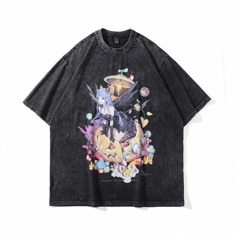 T-shirt homme portrait manga ample à manches courtes rétro