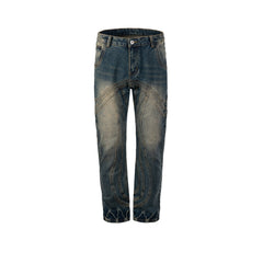 Men Vintage Pants Textured Splicing Trousers Straight Washing Water Old Jeans MIJKO