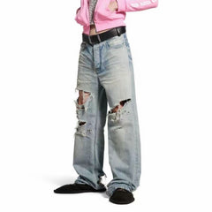 Men's clothing women's hole effect light-colored straight-leg jeans men's and women's same straight-leg washed old trousers blue