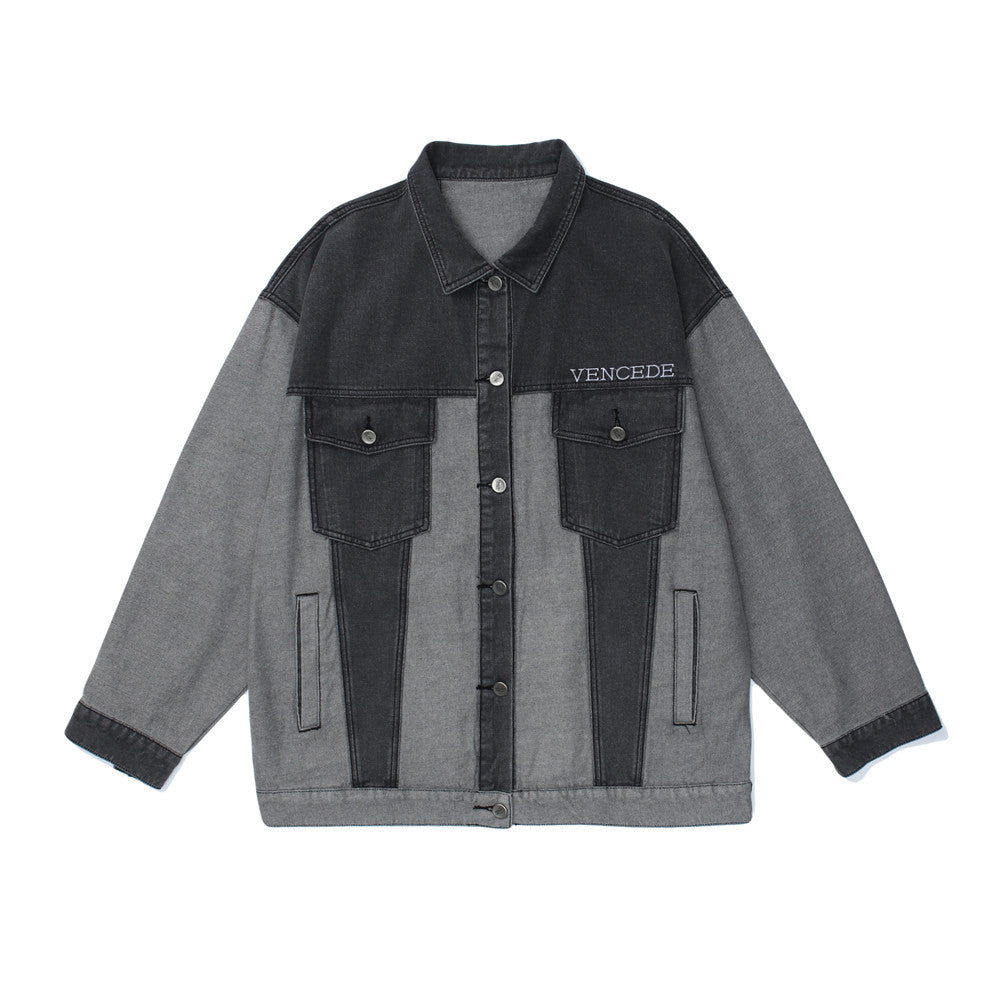 Graffiti Color Block Denim Coat Men's Stitching Shirt Top Large Size Loose Men Denim Jacket