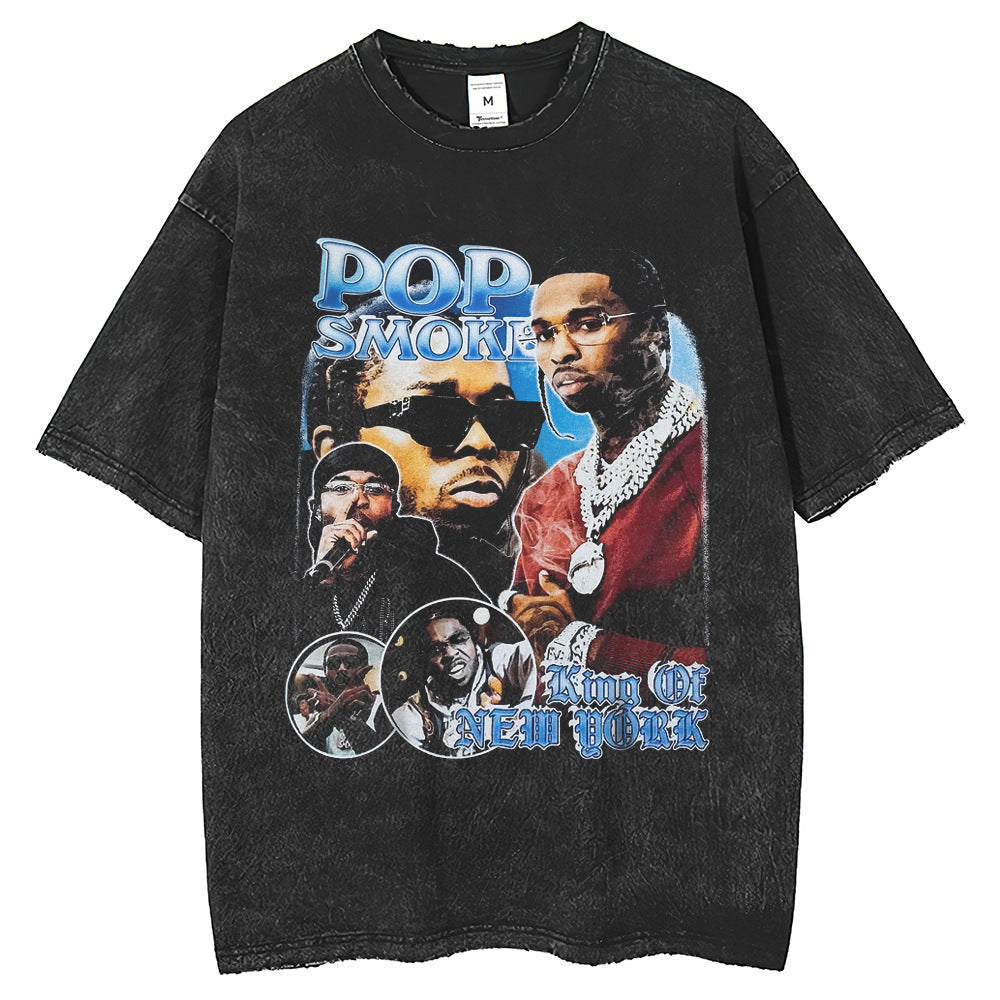 Men T Shirts Rap Print Wash Water American Loose Short Sleeve T-Shirt