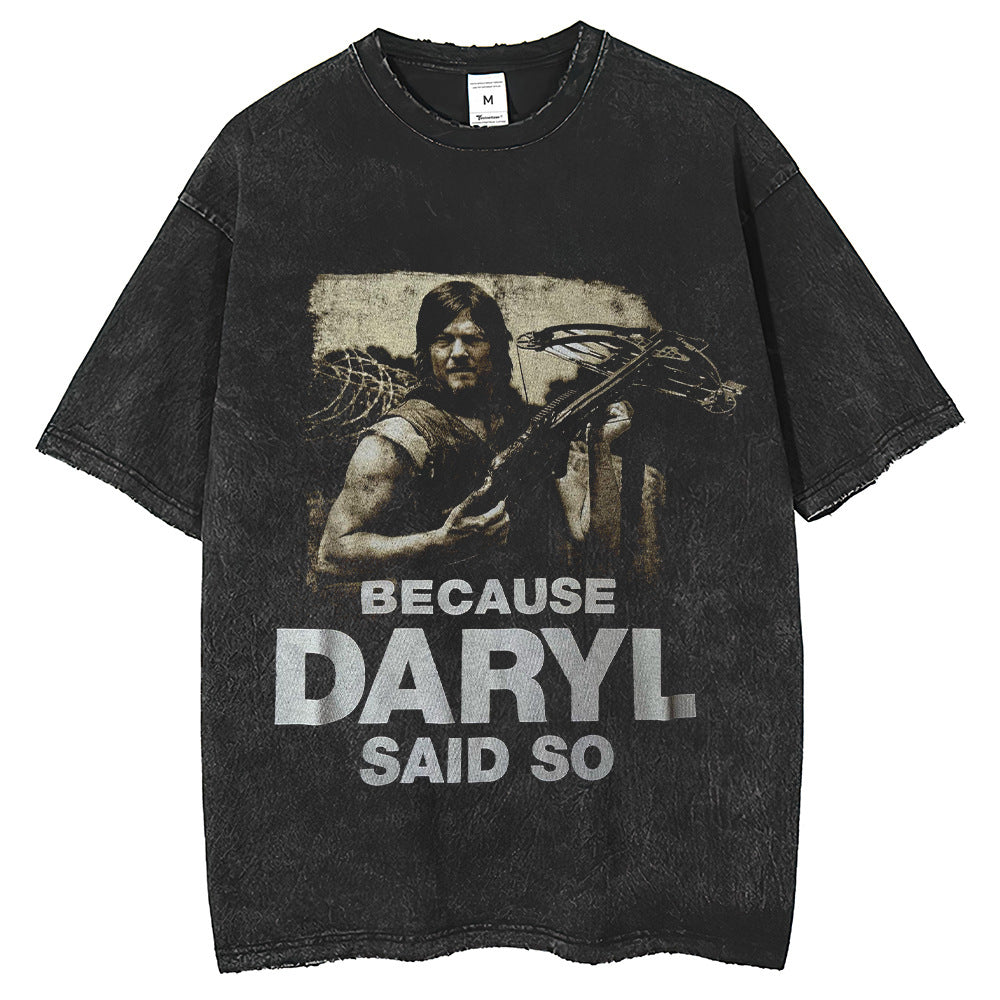 Men T Shirts Walking Dead Archer Print T-Shirt Washed Old