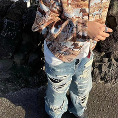 Men's Vintage Pants Men's Women's Bar Flavor Double Tassel Destroying Beggar Style Jeans MIJKO