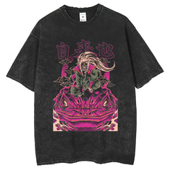 Men T Shirts Hokage Print T-Shirt Retro Old Washed Black