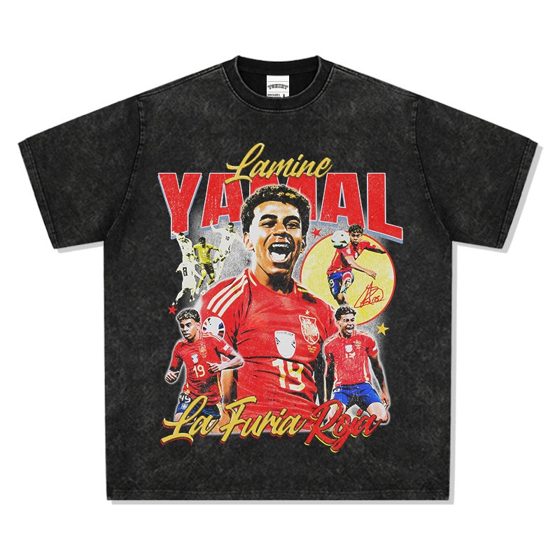 Mens Vintage Football T-Shirt Vintage Yamal Printed Short Sleeve T-Shirt Washed Old Loose