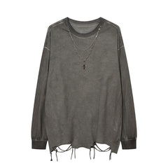 Men Long Sleeve T Shirt Distressed Dirty Punk Swing Cut Ripped Necklace Decoration