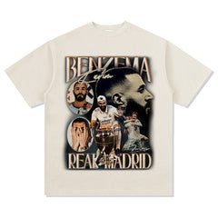 Men's Vintage Football T-Shirt benzema Short Sleeve T-Shirt Men's Summer Vintage Loose Loose Top Print