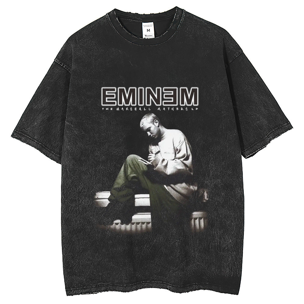 Mens T Shirts Vintage Rap Wash T-Shirt Eminem Print Loose