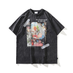 T-shirt homme vintage vieilli imprimé manches courtes T-shirt ample d'été pour hommes et femmes