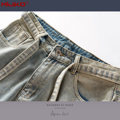 Men Vintage Pants Multi-pocket Straight Jeans With Belt MIJKO