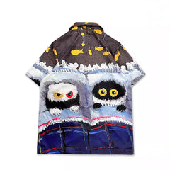 Trendy loose Hawaiian cartoon print short-sleeved shirt men's retro ruffian handsome seaside flower shirt trendy