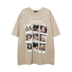 Men T Shirt Kitten Print Short Sleeve T-shirt Hip-Hop Street Loose