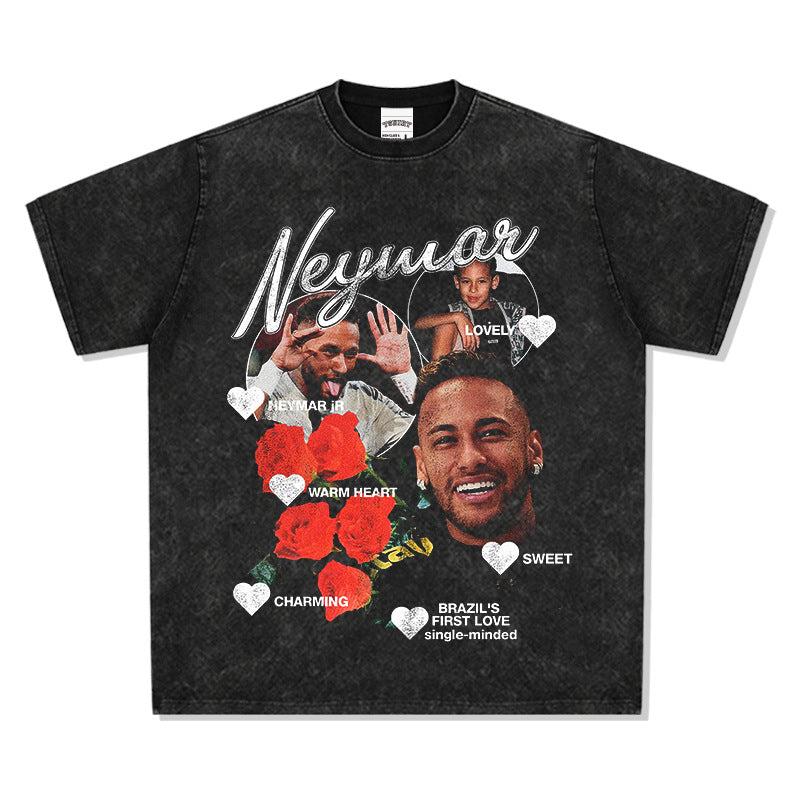 Men Vintage Football T-Shirt Neymar Football Stars Vintage Printed Short Sleeve Washed Old Top