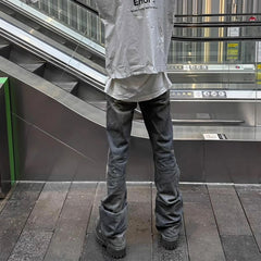 Mens Vintage Pants BootCut Old Wash Water Old Black Grey Jeans MIJKO