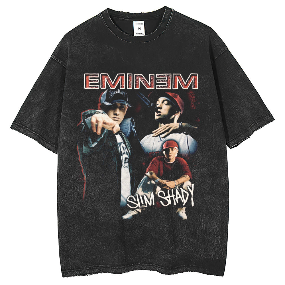 Mens T Shirts Washing Water Short Sleeve T-Shirt Printing American Retro Loose